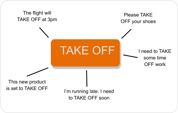 TAKE OFF The flight will TAKE OFF at 3pm This new product is set to TAKE OFF I’m running late. I need to TAKE OFF soon Please TAKE OFF your shoes I need to TAKE some time OFF work